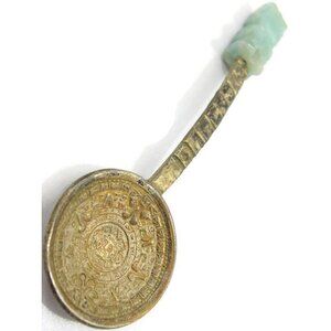 Vintage Aztec-Inspired Brass Spoon With Carved Jade Handle Decorative Sun Calend